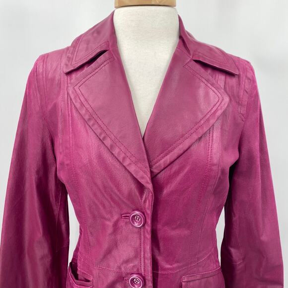 Vintage Leather Jacket Single Breasted Button Down Collared Purple Magenta XS - Picture 3 of 14